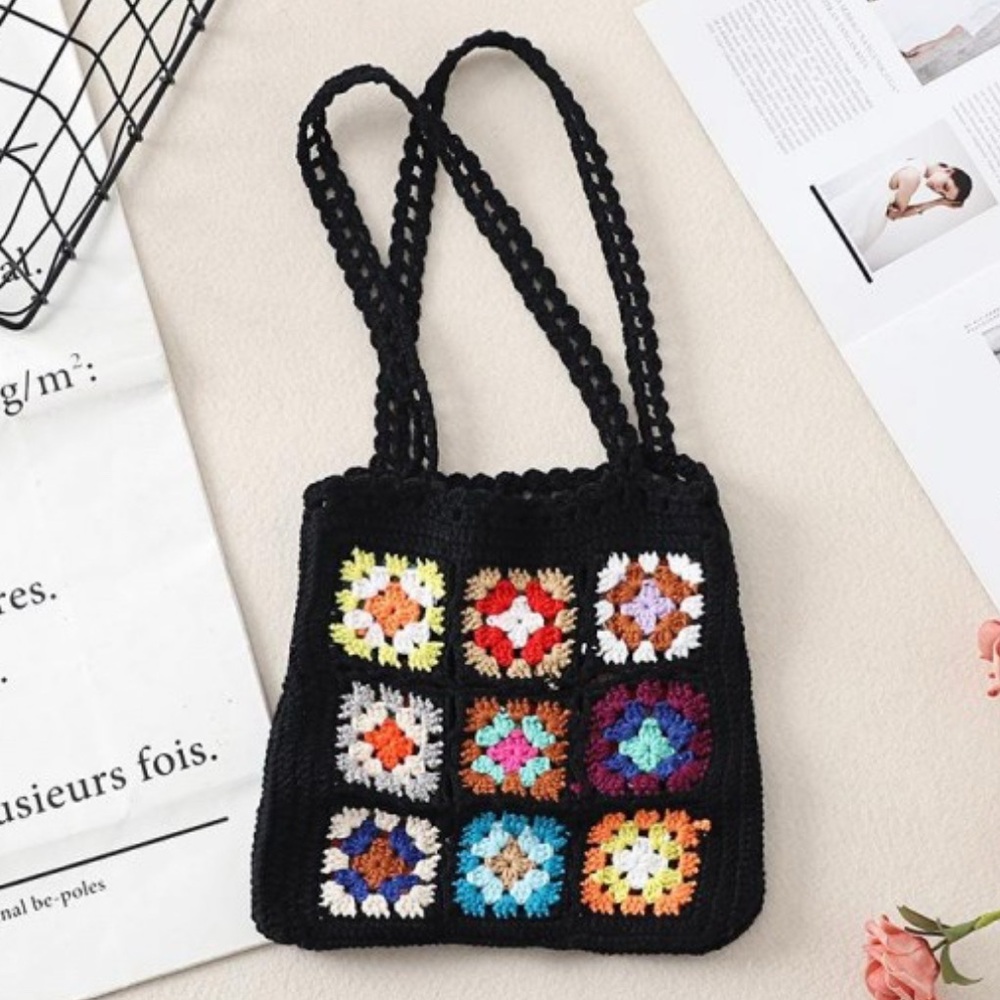 Bohemian Crochet Granny Square Tote Bag Purse